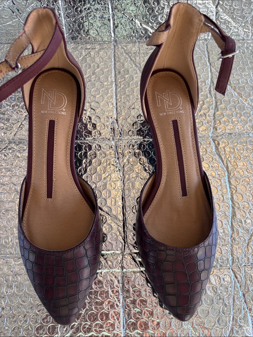 new directions Croc-Embossed Pointed Ankle-Strap Flats in Dark Burgundy - Picture 2 of 8